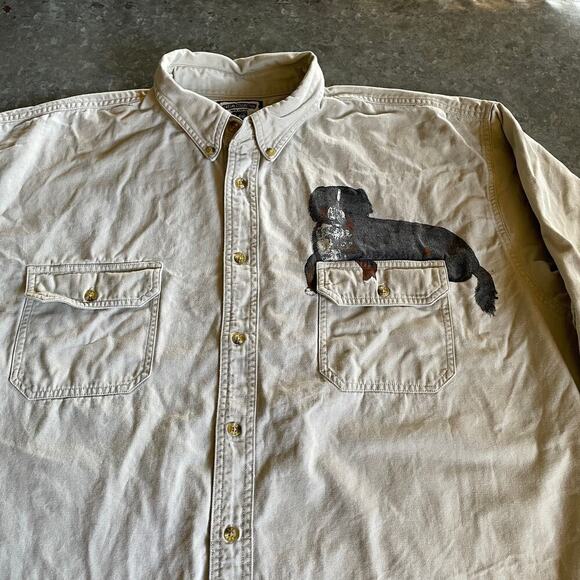 Vintage Lee Bernese Mountain Dog Painted Denim Button Up Shirt Mens XXL Tan 90s - Picture 1 of 9